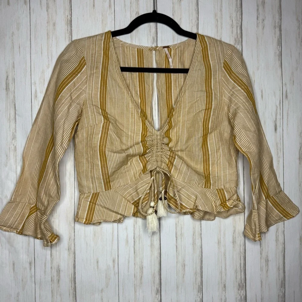 Free People Beige and Yellow Striped Crop Top
